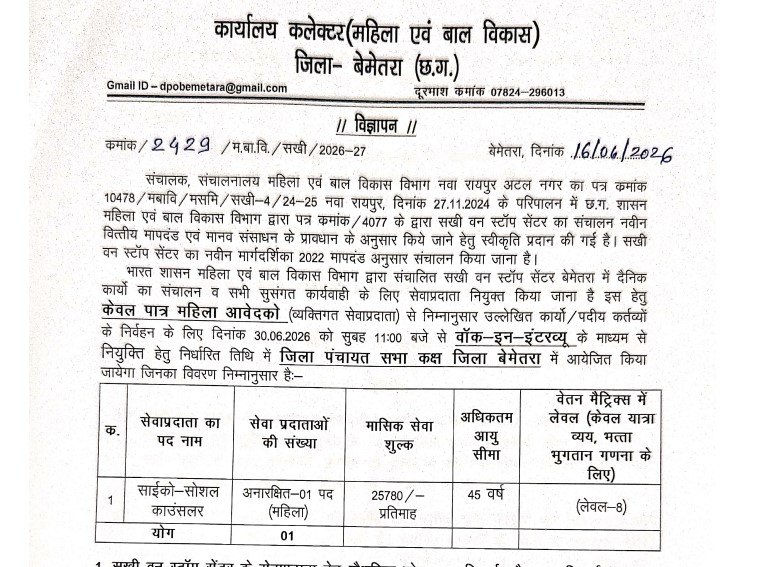 WCD Bemetara Recruitment